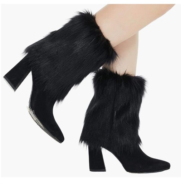 Black Fuzzy Faux Fur Feather Cuff Ankle Boot Covers Leg Warmer Socks - Picture 1 of 3